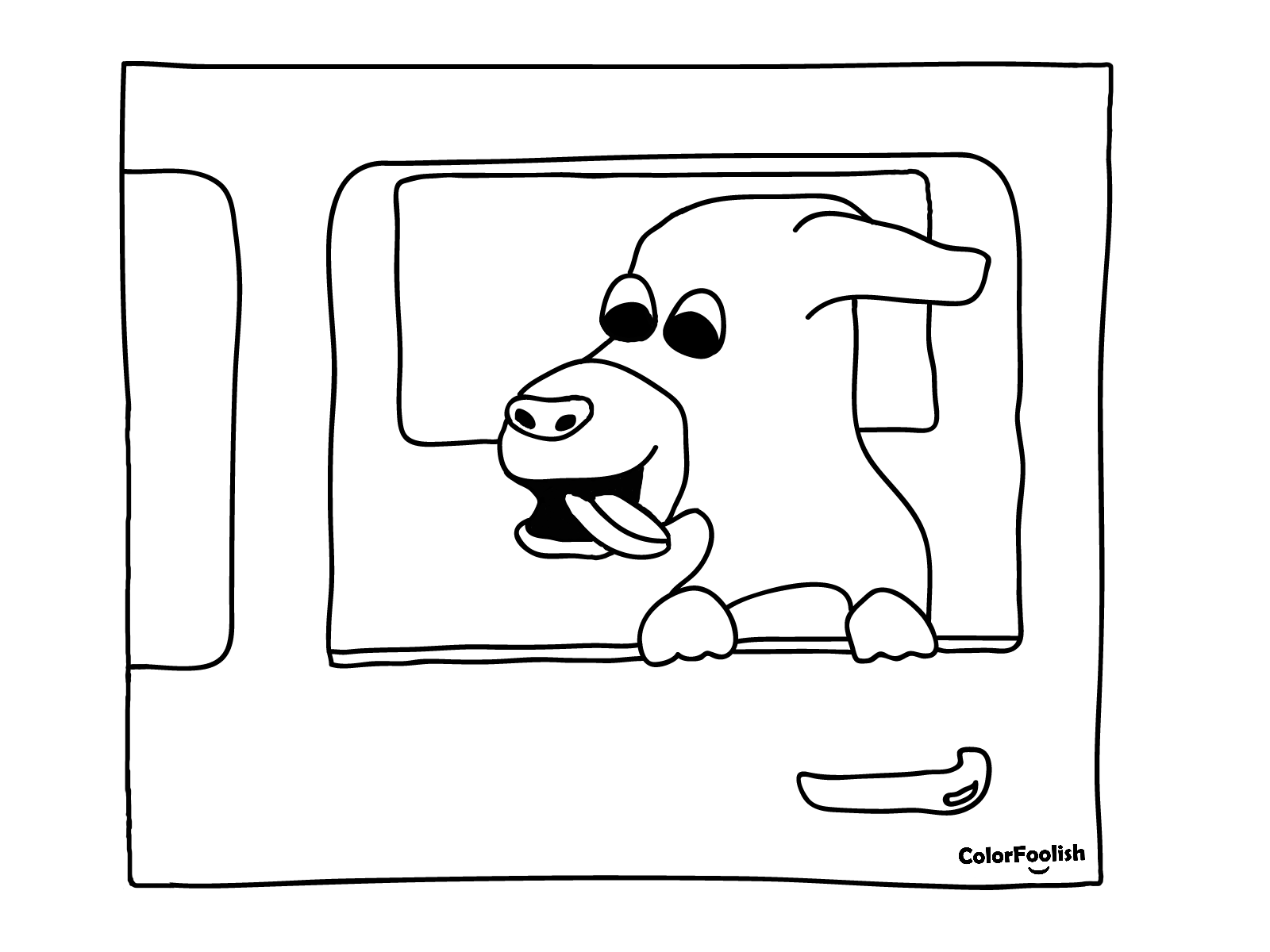 Coloring page of dog with head outside the window