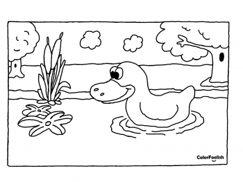 Coloring page of a duck in a pond