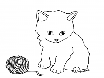 Coloring page of a kitten playing with a ball of wool