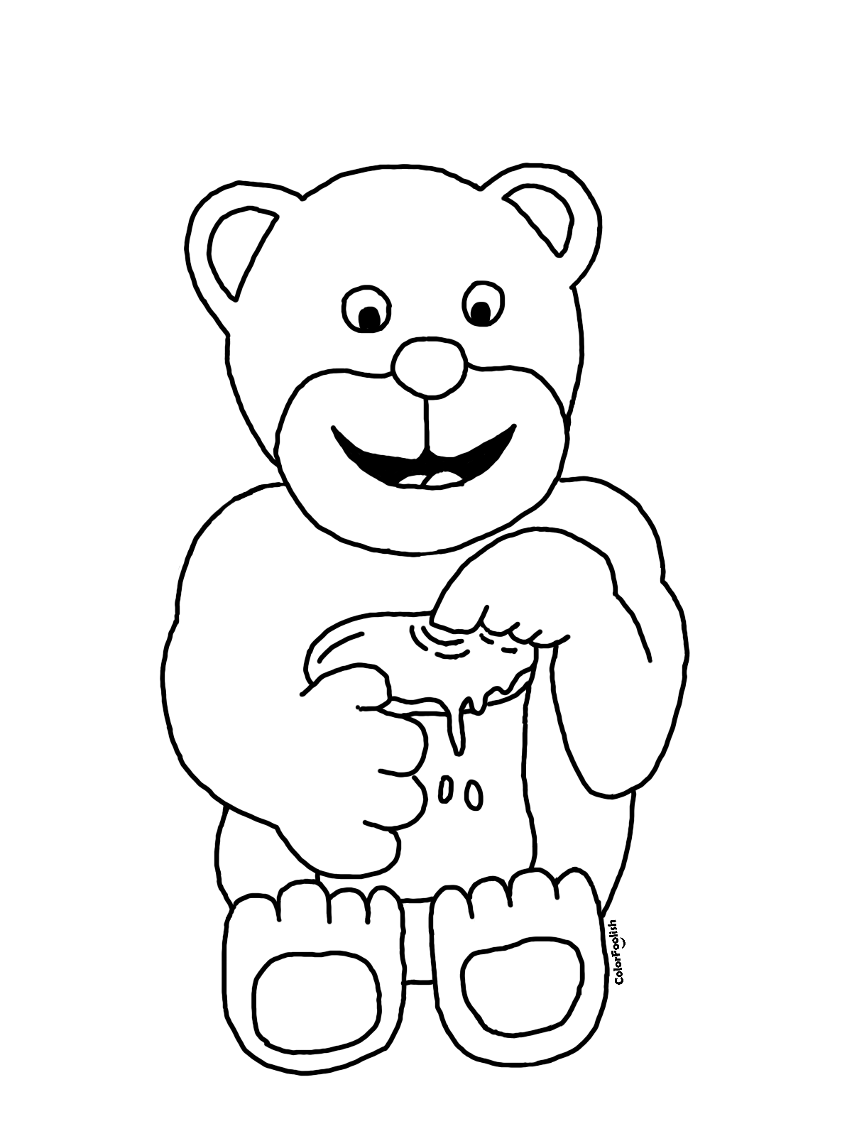 Coloring page of a bear eating honey