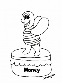 Coloring page of a bee on a honey jar