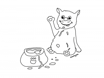 Coloring page of a cat that just ate