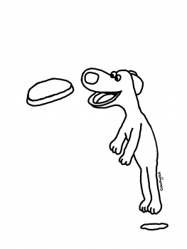 Coloring page of a jumping dog catching a frisbee