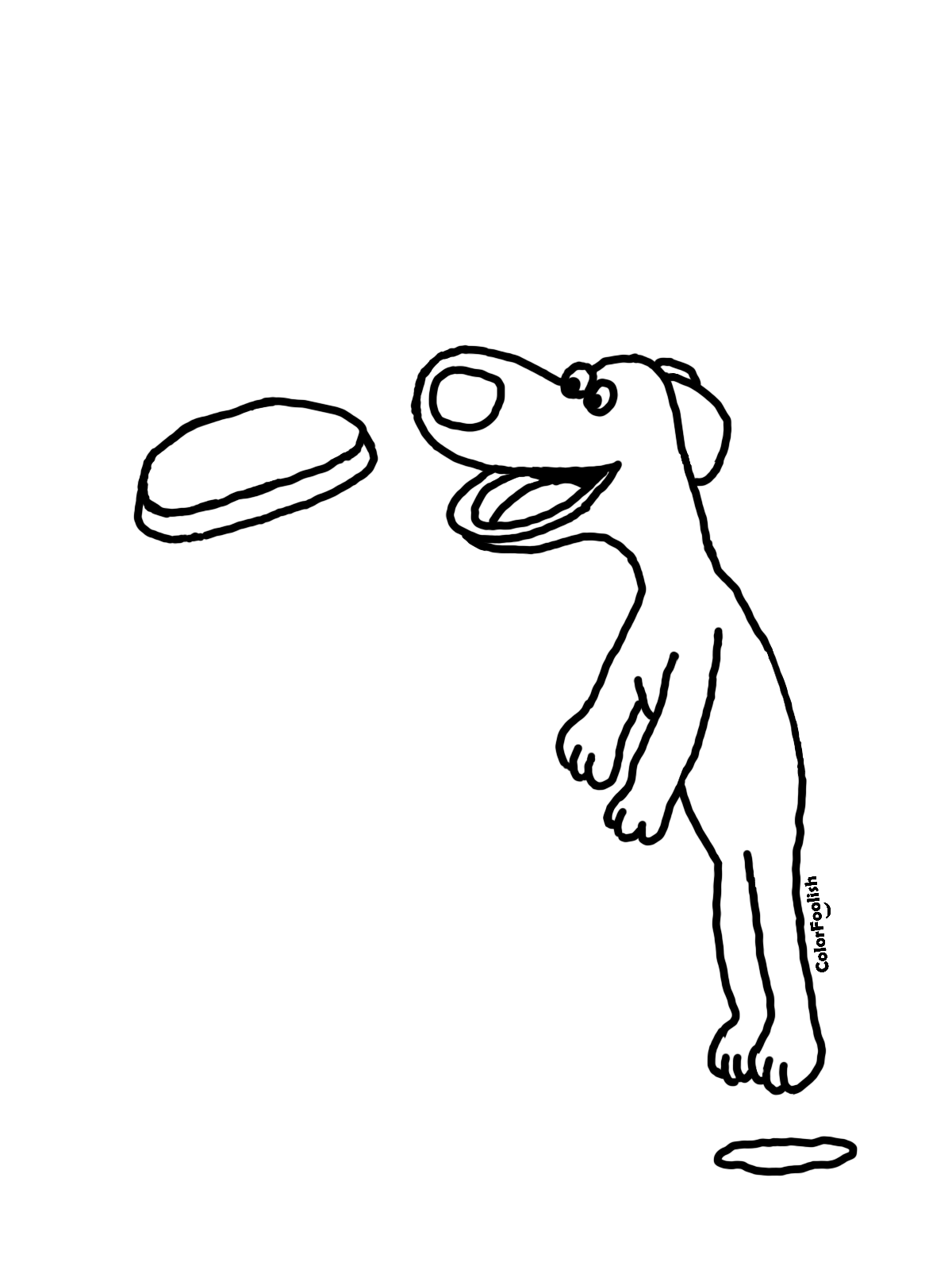 Página para colorir um cachorro pulando, pegando um frisbee