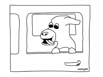 Coloring page of dog with head outside the window