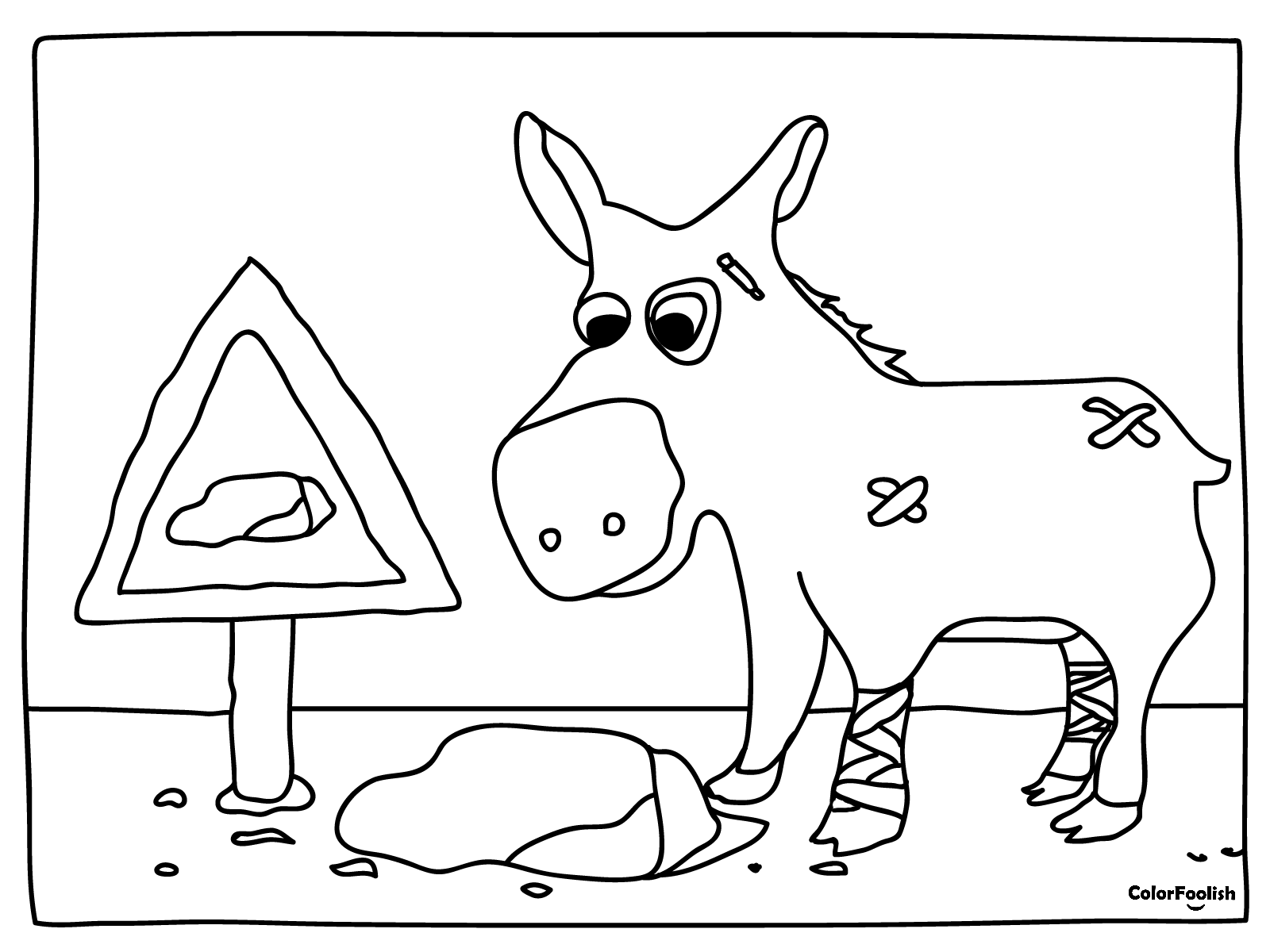 Coloring page of a donkey which will not trip over that rock