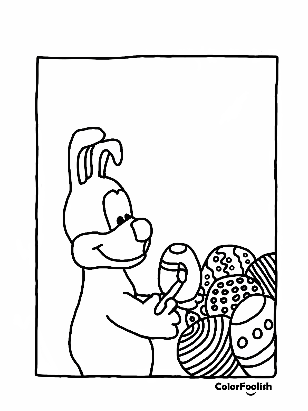 Coloring page of Easter bunny painting Easter eggs