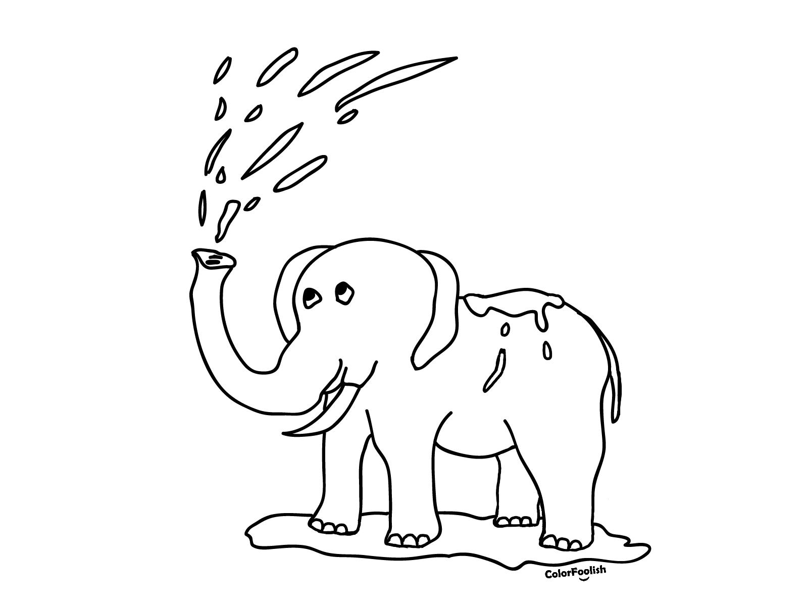 Kleur bladsy van 'n olifant wat met water speel