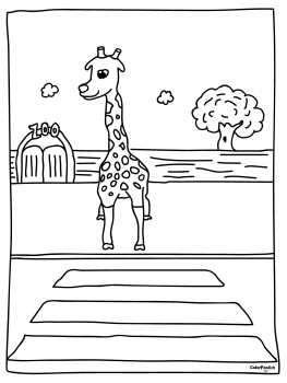 Coloring page of a giraffe crossing the street