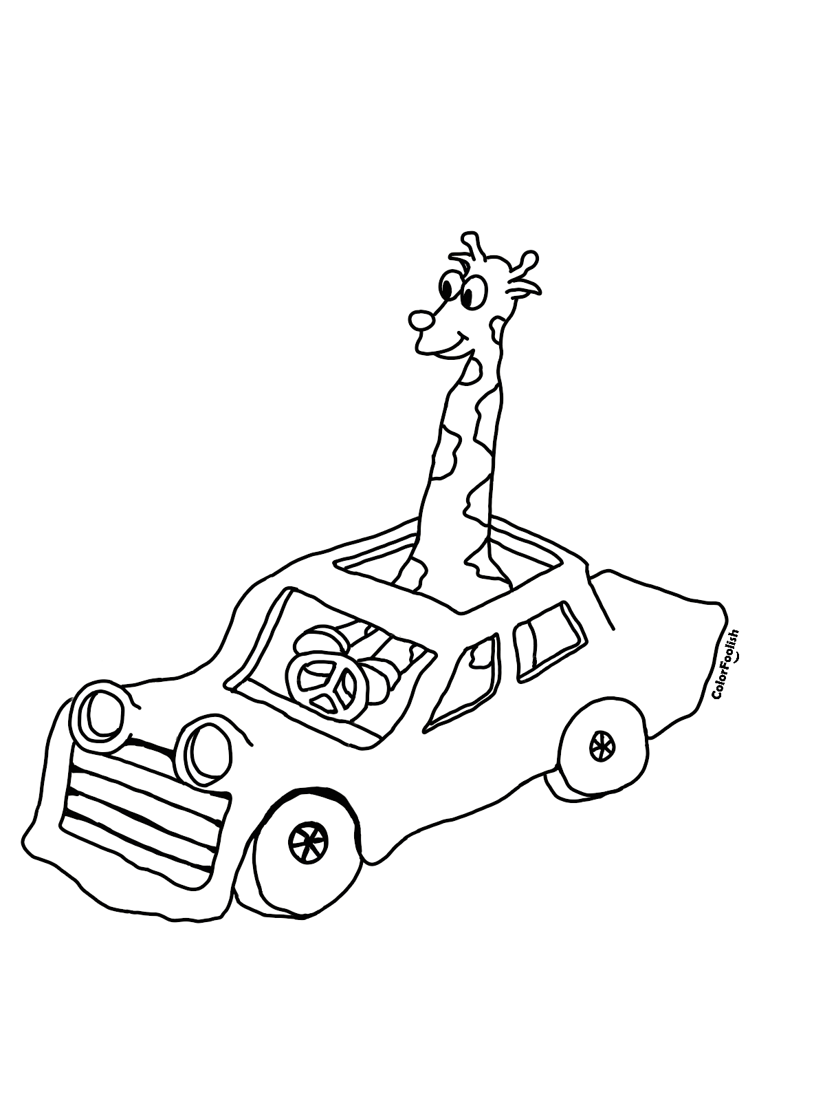 Coloring page of a giraffe in a car
