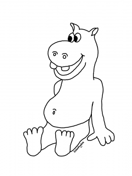 Coloring page of a happy sitting hippo