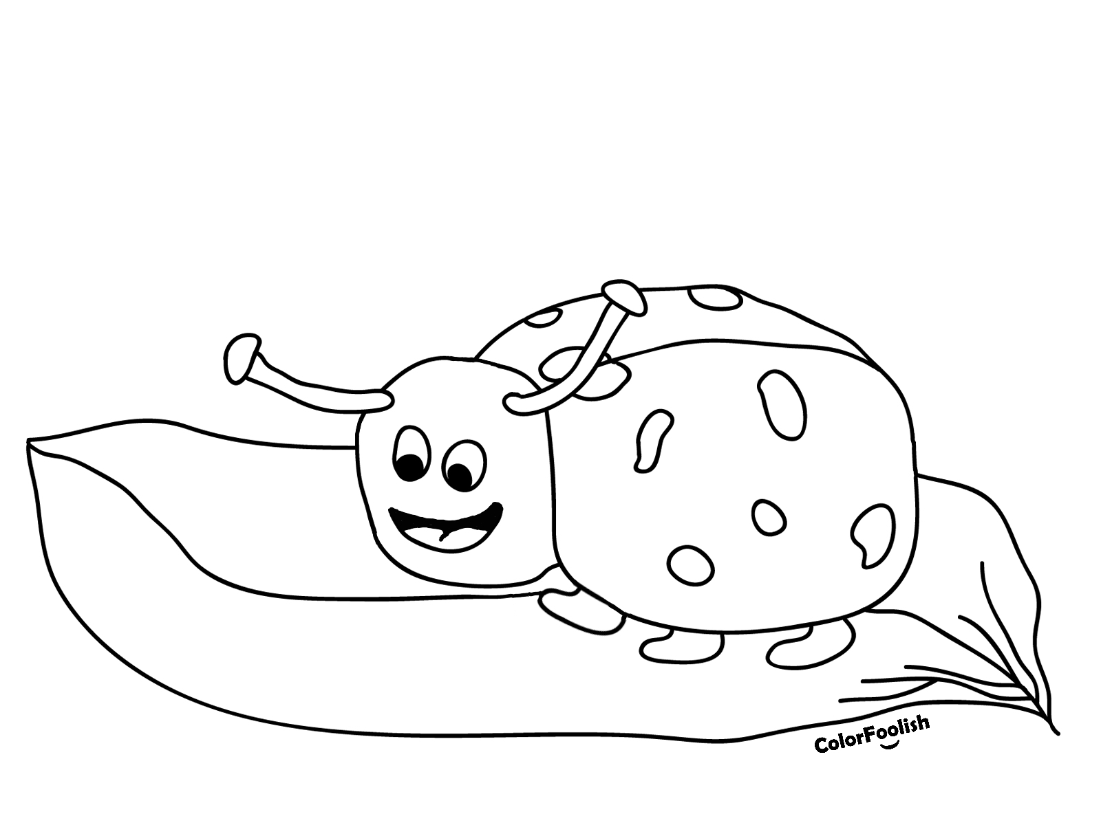 Coloring page of a lady bug on a leaf