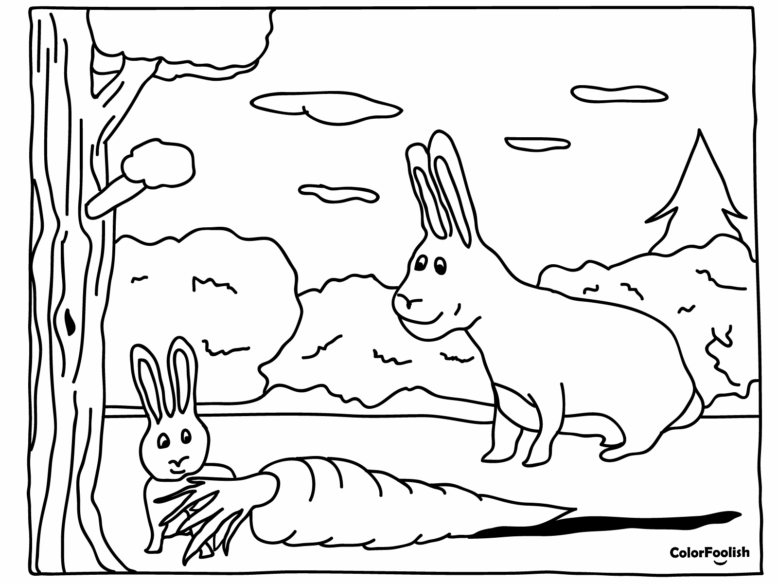 Coloring page of baby rabbit with a very large carrot