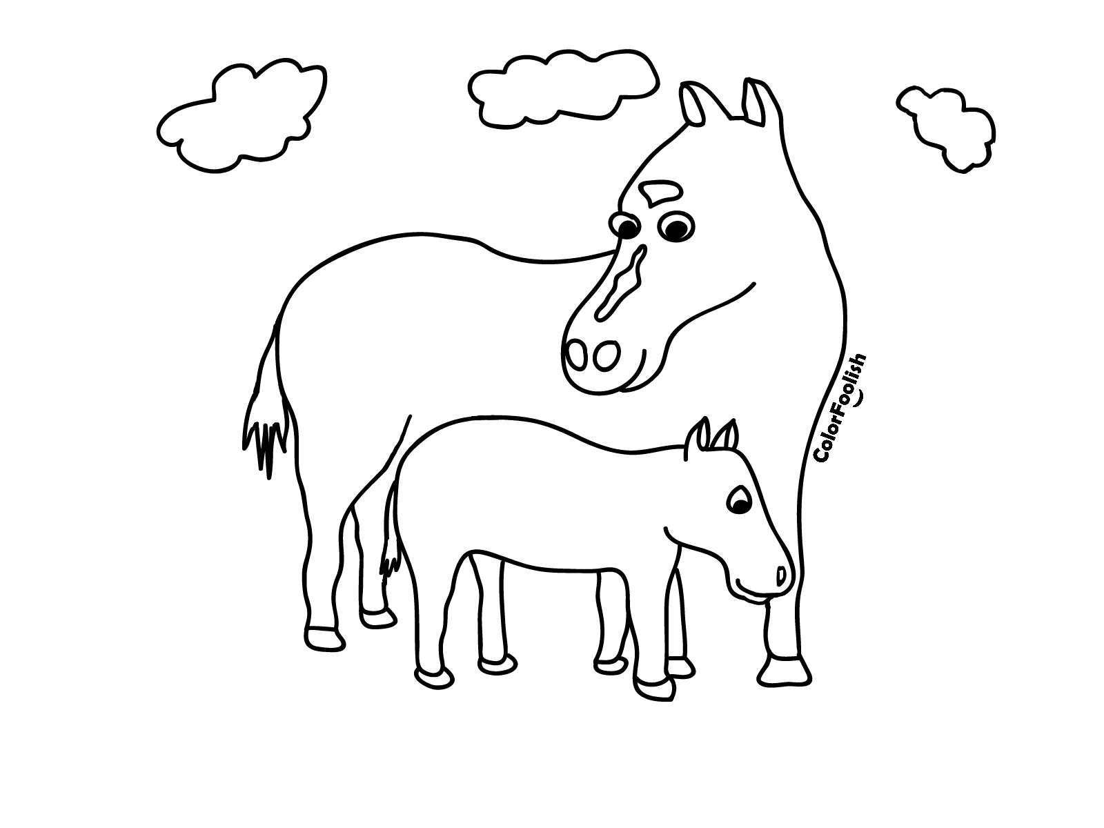 Página para colorir uma égua com um cavalo de potro