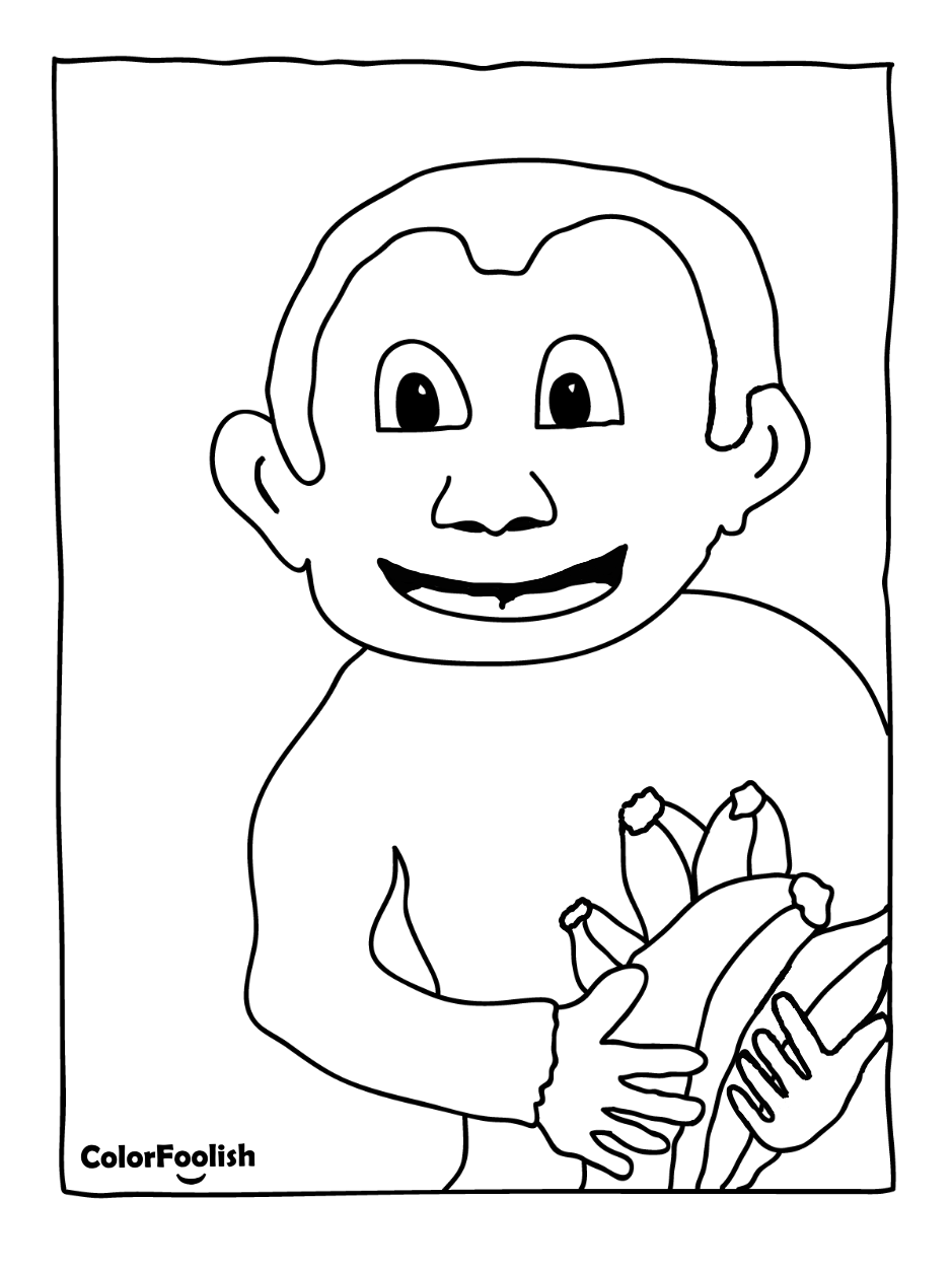 Coloring page of a monkey holding bananas