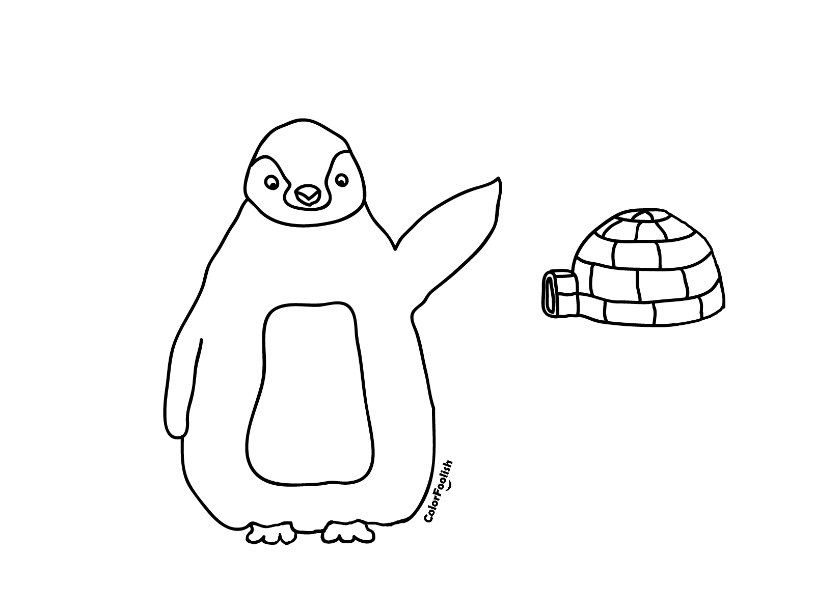 Coloring page of a penguin and an igloo
