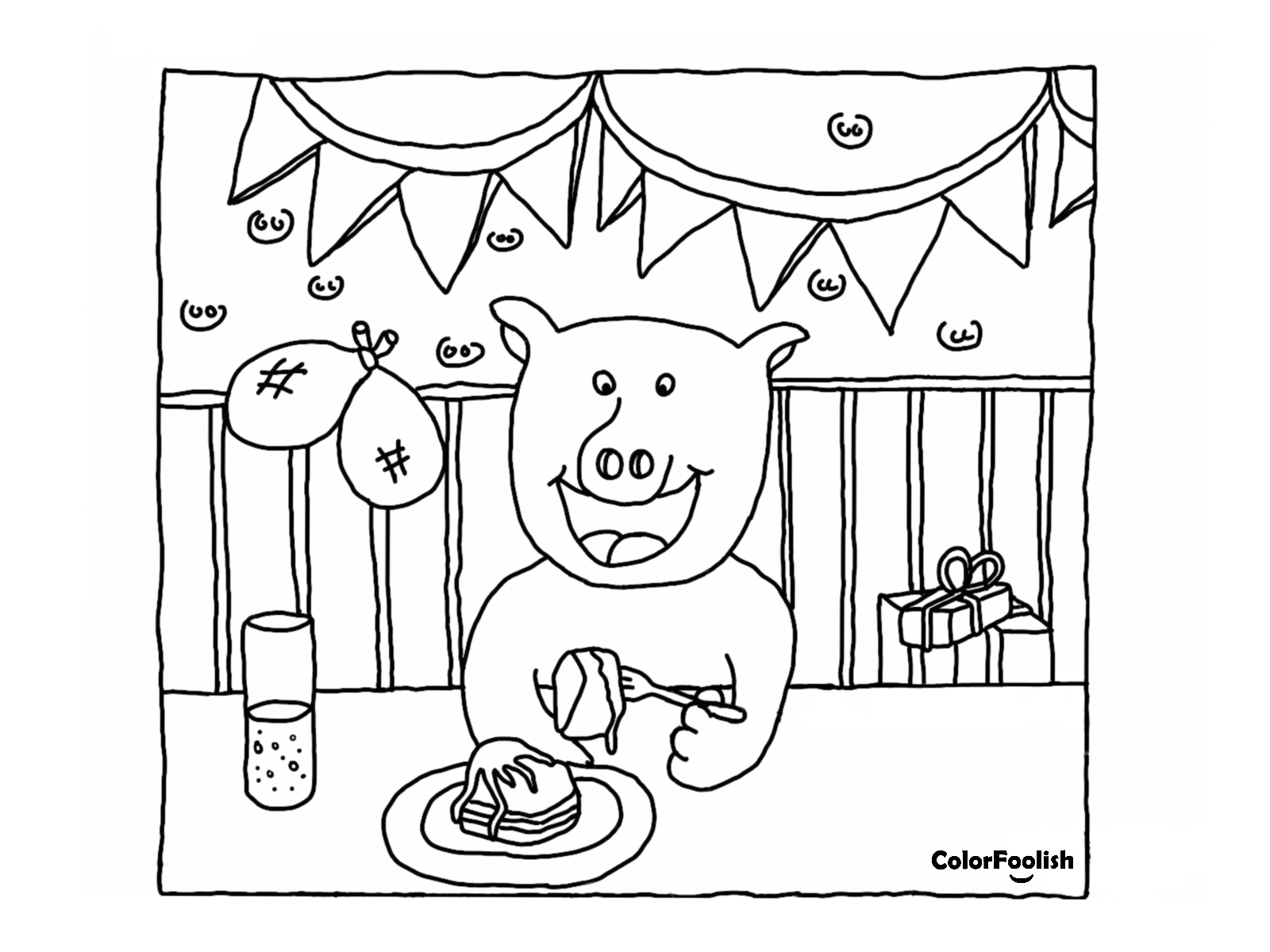 Coloring page of a pig eating cake