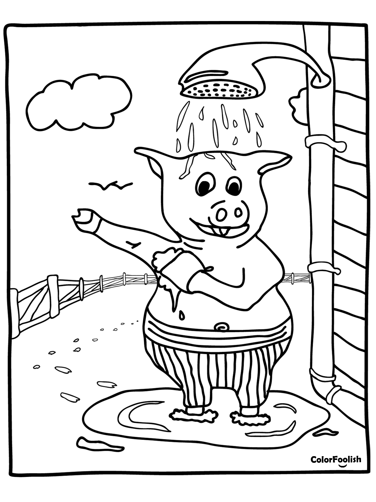 Coloring page of pig washing himself