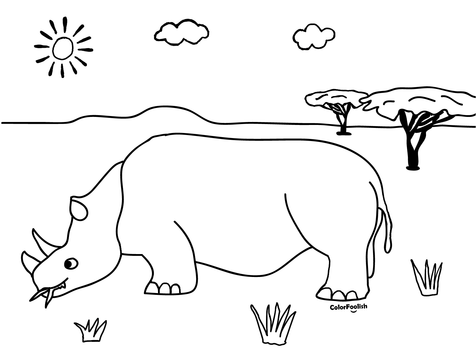 Coloring page of a rhino eating on the savanna