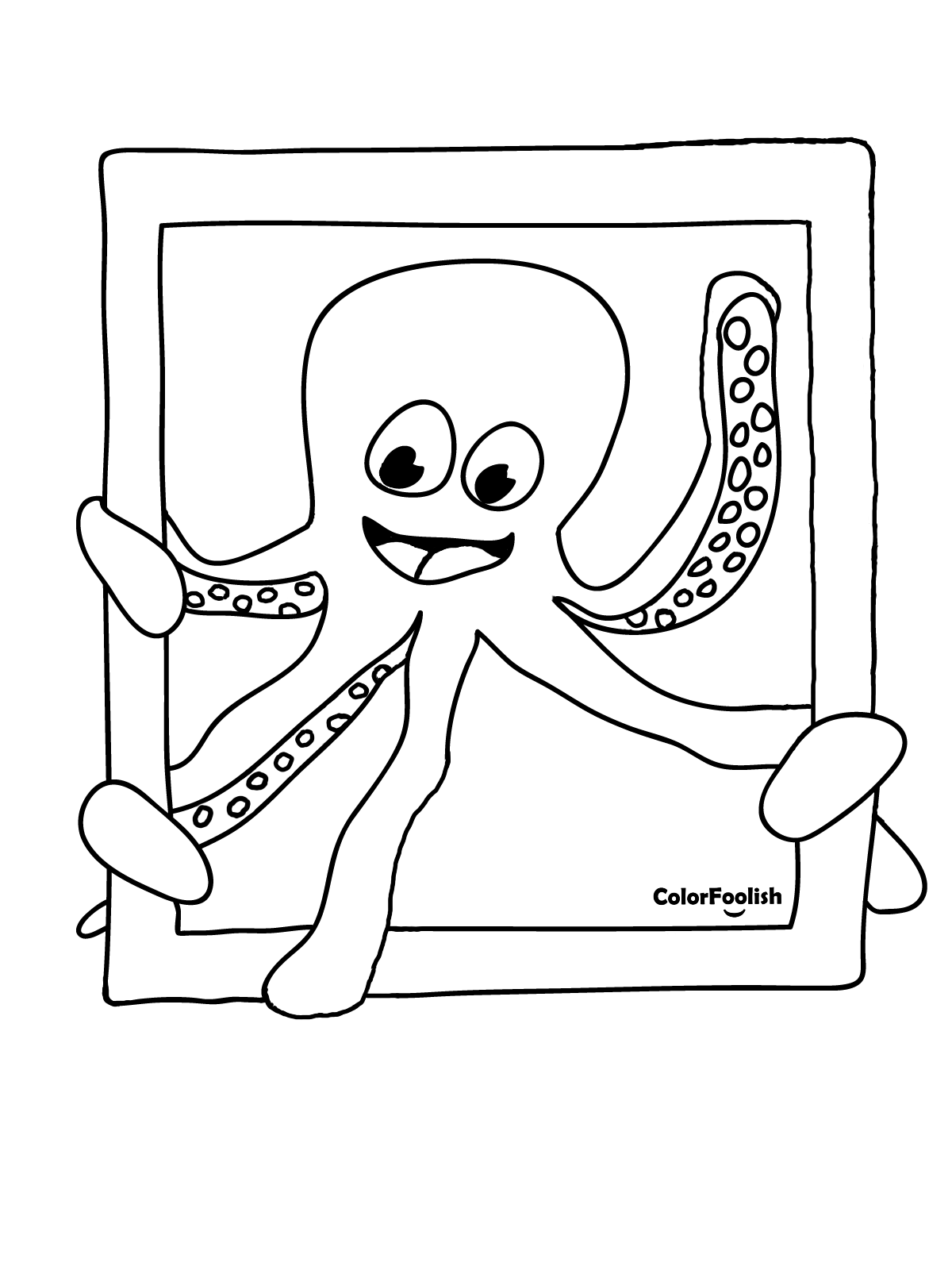 Coloring page of a squid waving inside a frame