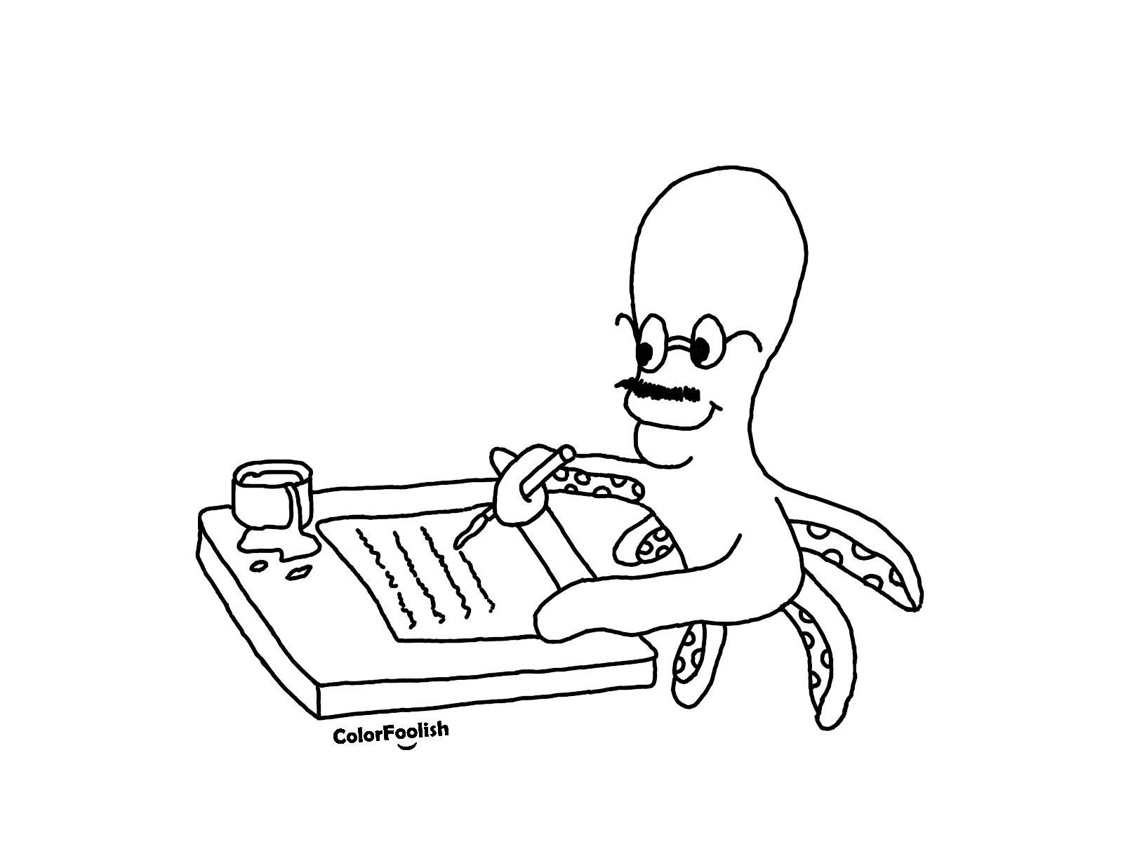 Coloring page of a squid writing a letter