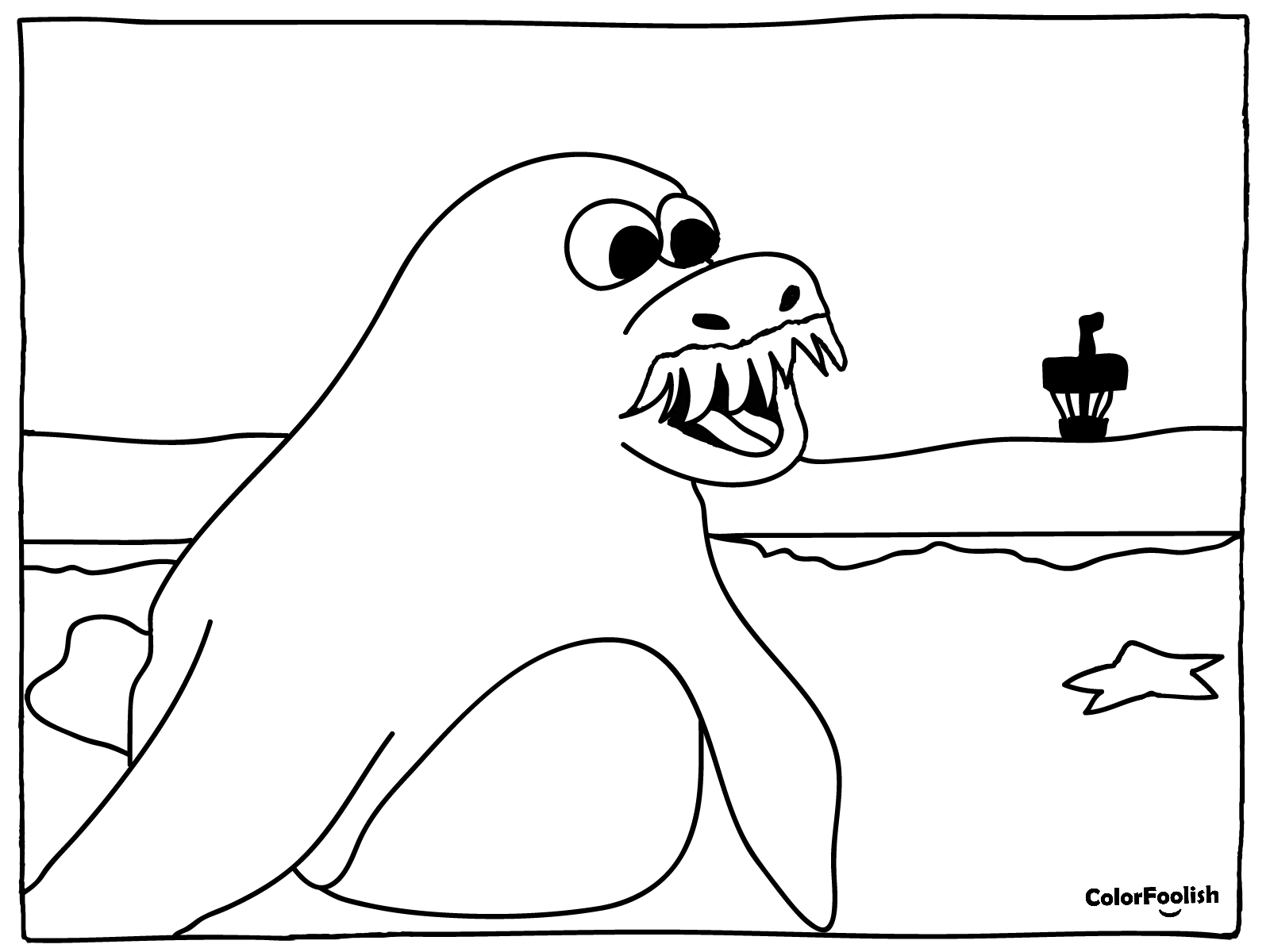 Coloring page of a walrus on the beach